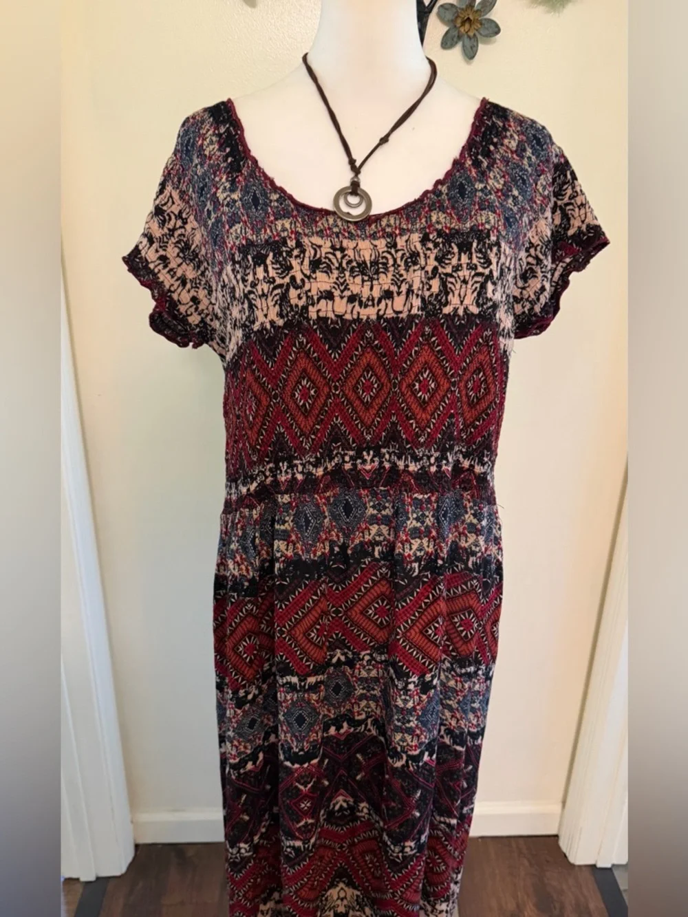 Boho Printed Red Maxi Dress with Short Sleeves - Picture 3 of 10